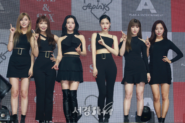에이핑크(Apink) 멤버 오하영, 정은지, 윤보미, 손나은, 박초롱, 김남주가 참석해 포토타임을 갖고 있다.