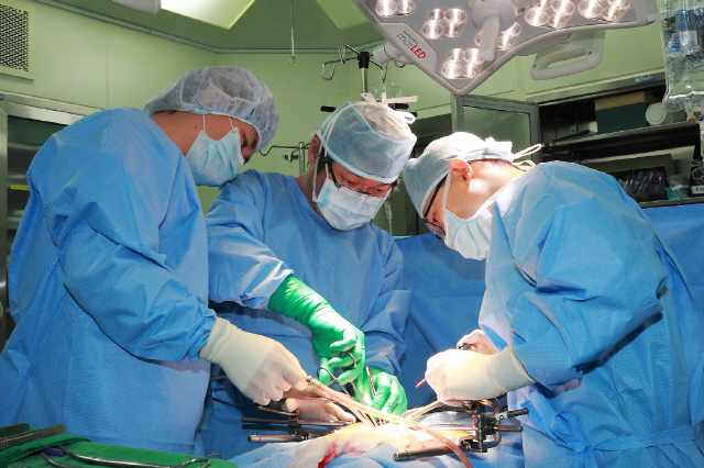 이동현(가운데) 이대목동병원 인공방광센터장이 방광암 환자를 수술하고 있다. /사진제공=이대목동병원