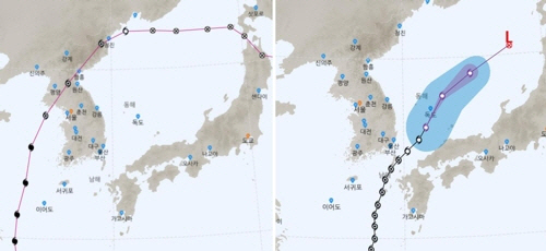 2000년 태풍 쁘라삐룬의 한반도 주변 경로(왼쪽)과 2018년 쁘라삐룬 경로/출처=연합뉴스[기상청 홈페이지 캡처]