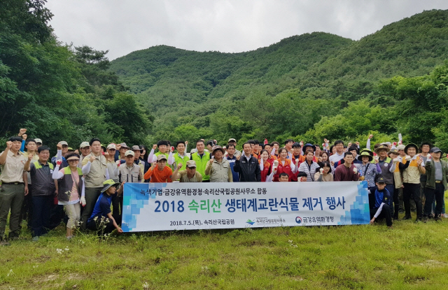 제지 업체인 깨끗한나라 임직원들이 지난 5일 생태계 보전과 환경 보호를 위해 속리산국립공원 일원에서 열린 ‘2018 속리산 생태계교란생물 제거 행사’에 참여해 기념촬영을 하고 있다. 깨끗한나라는 2016년부터 속리산 생태계교란생물 공동 제거와 관리, 쾌적한 국립공원 조성을 위한 환경정화 활동에 참여해왔다./사진제공=깨끗한나라