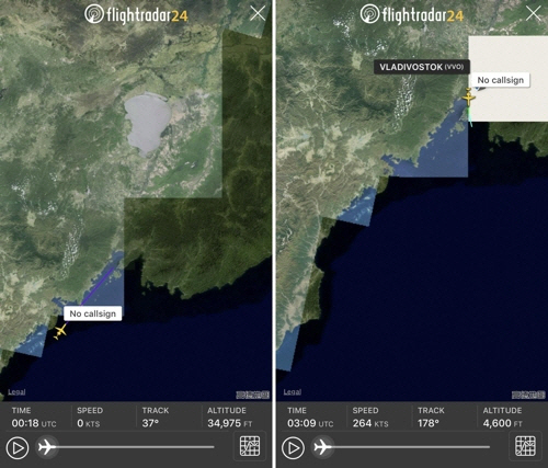 ‘김정은 전용기’ 참매1호 블라디보스토크행.[플라이트레이다24캡처]