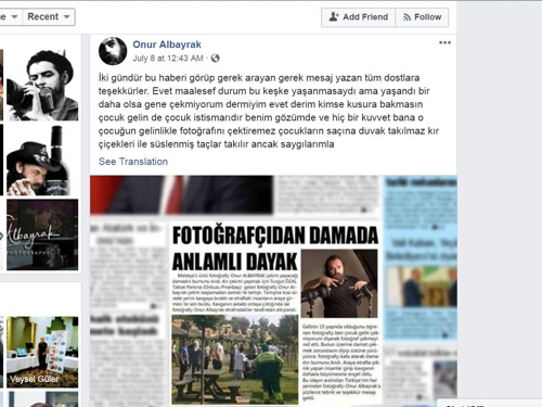 터키에서 한 사진사가 어린 신부의 촬영을 거부하며 터키의 조혼 풍습에 경각심을 제기했다. 사진은 오누르 알바이라크가 조혼 풍습에 반대하며 자신의 소셜미디어에 게시한 글./출처=연합뉴스