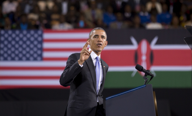 2015년 7월 26일, 버락 오바마 전 미국 대통령이 케냐 나이로비에서 연설을 하고 있다./출처=연합뉴스