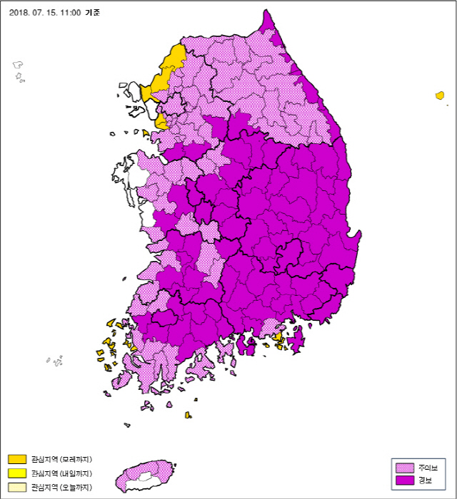 15일 오전 11시 기준 폭염 현황. /사진=기상청 홈페이지 캡처