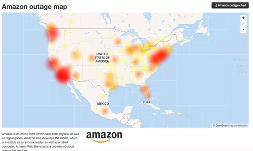 아마존의 파격 할인 행사에 온라인 쇼핑객들이 몰리면서 아마존 사이트 접속 불량 사태가 발생했다. 사진은 미국에서 사이트 접속 불량이 일어난 지역들을 표시한 지도./출처=연합뉴스