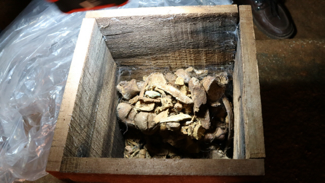 익산 쌍릉(대왕릉)에서 발견된 목제유골함과 인골파편 발견 당시 모습/사진제공=국립부여문화재연구소