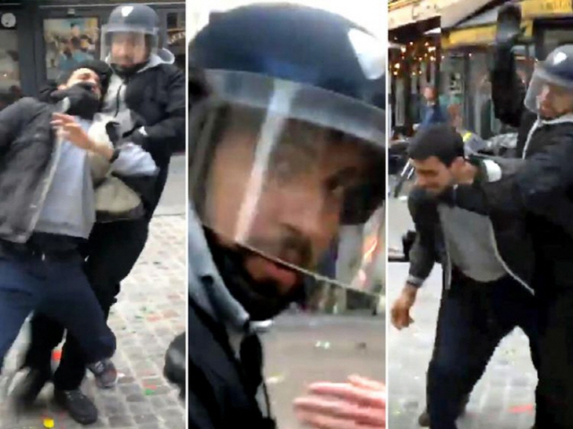 알렉상드르 베날라 전 프랑스 엘리제궁 보좌관(가운데 사진)이 지난 5월1일 노동절 집회에서 시민을 폭행하는 모습.     /트위터 캡처