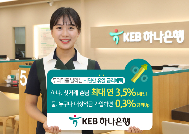 KEB하나은행 모델이 휴일 스마트폰으로 계좌 개설 시 특별금리 혜택을 주는 서비스에 대해 설명하고 있다. /사진제공=KEB하나은행
