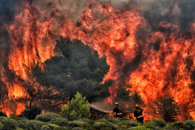 그리스 수도 아테네 인근 키네타에서 시뻘겋게 번져오는 산불을 24일(현지시간) 소방관들이 진화에 나서고 있다. /키네타=AFP연합뉴스