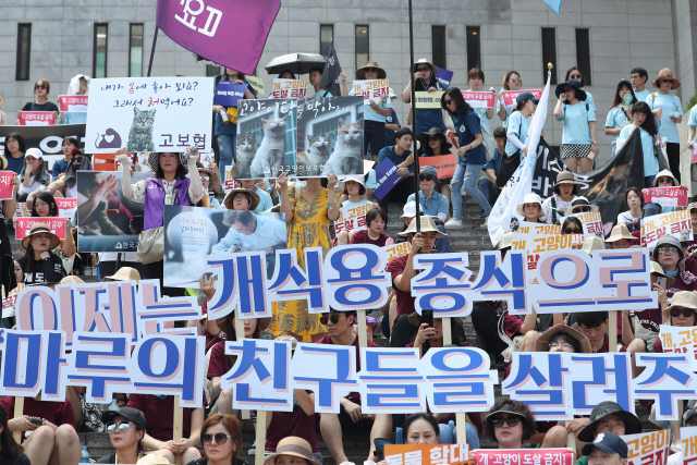 15일 오후 서울 종로구 세종문화회관 계단에서 개ㆍ고양이 도살 금지법 통과를 촉구하는 집회가 열렸다./연합뉴스