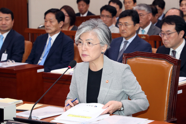 강경화 외교부 장관이 25일 국회에서 열린 외교통일위원회 전체회의에서 질문에 답하고 있다. /연합뉴스