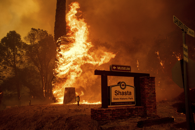 27일(현지시간) 미국 캘리포니아 주도 새크라멘트 북쪽 샤스타 카운티 지역에서 대형 산불이 확산하며 검붉은 불길이 치솟고 있다. /연합뉴스