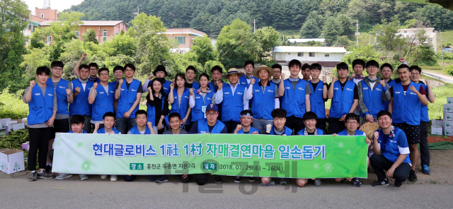 현대글로비스 임직원들이 25일 12년째 ‘1사1촌’ 교류활동을 펼치고 있는 강원도 홍천군 자은2리에서 옥수수 수확 및 포장을 한 뒤 화이팅을 외치고 있다./사진제공=현대글로비스