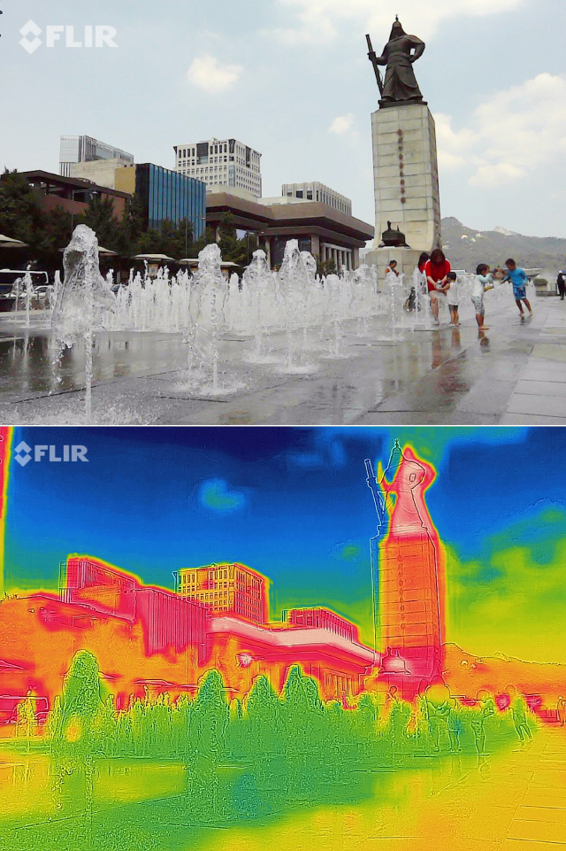 1일 서울 광화문 광장을 일반 카메라(위 사진)와 열화상 카메라(아래 사진)로 촬영한 모습. 열화상 카메라로 촬영한 사진은 온도가 높을수록 붉게 표시된다.  /연합뉴스지>