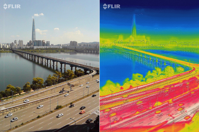 1907년 기상관측 이래 역대 최고 기온을 기록한 1일 오후 서울 광진구에서 일반 카메라와 열화상 카메라로 촬영한 강변북로 모습. 오른쪽 영상이 열화상 카메라로 찍은 사진으로 온도가 높을수록 붉게 낮을수록 푸르게 표시된다./연합뉴스
