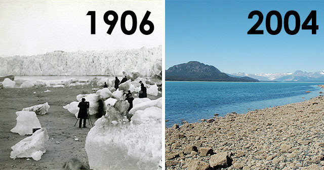 미국지질조사국(USGS)가 반복 사진 촬영 프로젝트를 통해 비교한 미국 몬태나 주 빙하국립공원 모습.