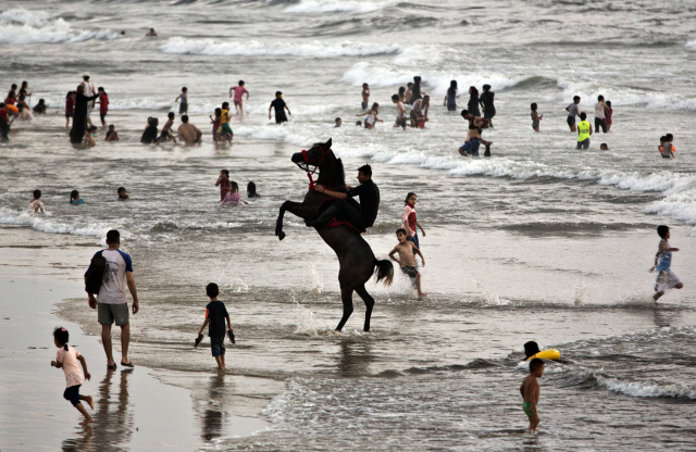 3일 팔레스타인 가자시티의 해변에서 다른 사람들이 수영을 하고 있는 가운데 한 남자가 말을 타고 있다/AP포토