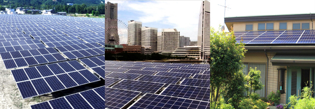 왼쪽부터 한화큐셀재팬의 대형 발전소, 상업용, 주택용 태양광 시스템. /사진제공=한화큐셀