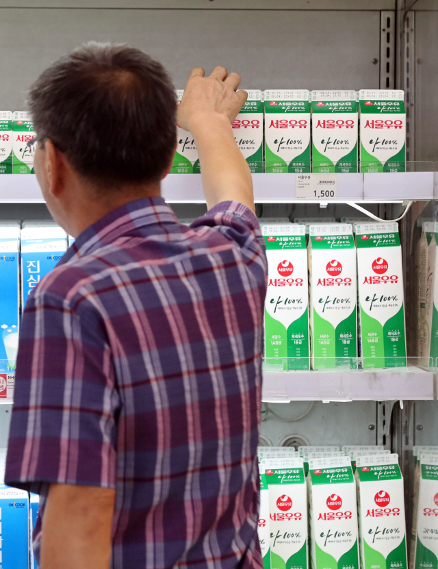8일 서울우유협동조합은 우유 제품의 가격을 오는 16일부터 3.6%(흰 우유 1리터 기준) 인상한다고 밝혔다. 사진은 이날 오후 서울의 한 대형마트에서 서울우유를 고르는 소비자 모습./연합뉴스