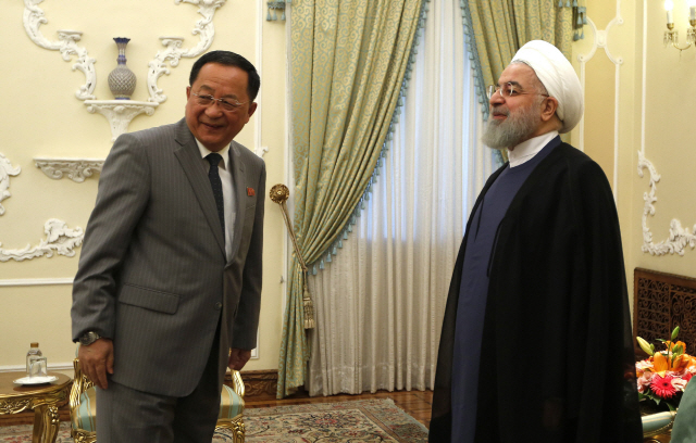 하산 로하니(오른쪽) 이란 대통령이 8일 수도 테헤란에서 리용호 북한 외무상을 만나 대화를 나누고 있다. /테헤란=AFP연합뉴스