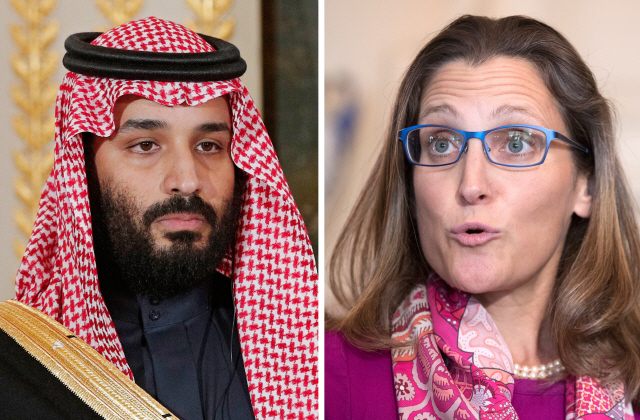 무함마드 빈살만(왼쪽) 사우디아라비아 왕세자와 크리스티아 프리랜드 외무장관 /EPA연합뉴스