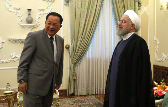 하산 로하니(오른쪽) 이란 대통령이 8일(현지시간) 수도 테헤란에서 리용호 북한 외무상을 만나 대화를 나누고 있다. /테헤란=AFP연합뉴스