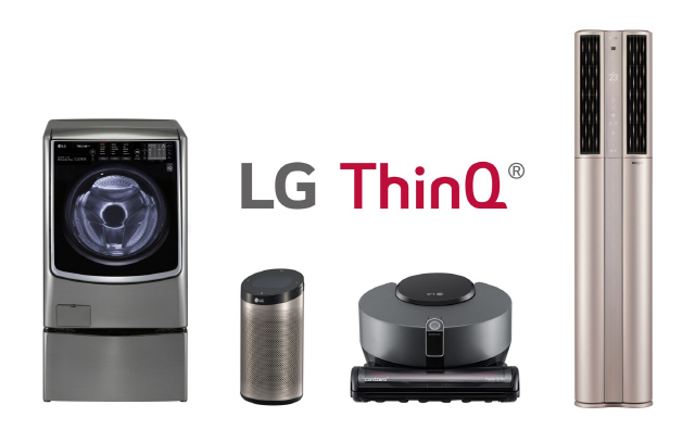 LG전자의 주요 인공지능(AI) 생활가전 제품. 왼쪽부터 트롬 씽큐 드럼세탁기, AI 스피커 씽큐 허브, 코드제로 R9 씽큐, 휘센 씽큐 에어컨./사진제공=LG전자