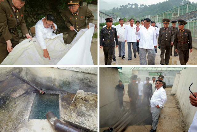 김정은 북한 국무위원장이 원산갈마해안관광지구 건설장과 양덕군의 온천지구를 각각 시찰했다고 북한 매체들이 17일 보도했다. 사진은 노동신문 3면에 실린 김 위원장의 온천지구 시찰 모습으로, 왼쪽 위 사진에서 휴대전화(북한말 손전화기)로 보이는 것을 들고 있는 모습이 눈길을 끈다./연합뉴스