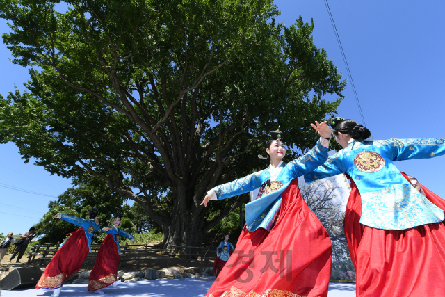 문화재청이 17일 오전 강화군 서도면 볼음리에서 강화군, 한국문화재재단, (사) 섬연구소와 공동으로 개최한 천연기념물 제304호 강화 볼음도 은행나무 민속행사에서 한국의집 예술단원들이 ‘태평성대’ 공연을 펼치고 있다. /사진제공=문화재청