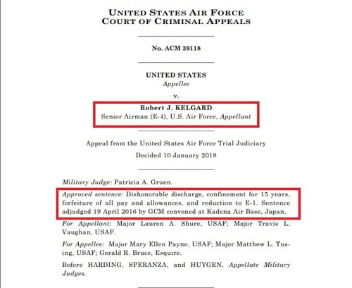 로버트 켈가드 상병에 대한 미 공군 항소법원의 판결문. 한국인 청소년 성추행과 아동포르노 소지 혐의에 대해 15년의 구금과 급여·연금 전액 몰수, 이등병(E-1)으로의 강등, 불명예 제대를 선고한 원심을 확정한 내용이 담겨 있다. / 사진=연합뉴스