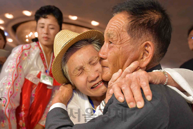 20일 금강산호텔에서 열린 제21차 남북 이산가족 단체상봉 행사에서 남측 이금섬(92) 할머니가 아들 리상철(71)을 만나 기뻐하고 있다.    /금강산=사진공동취재단