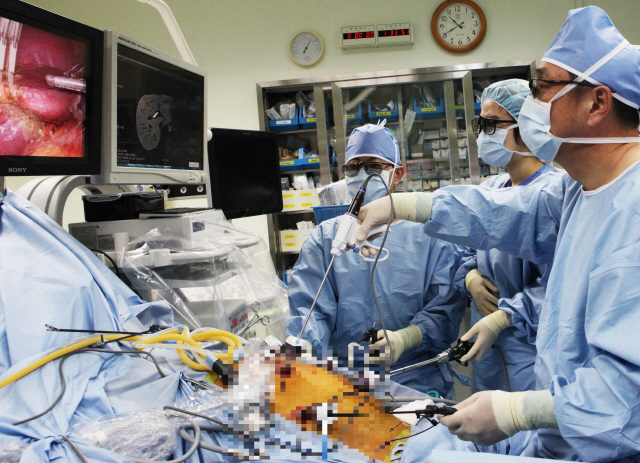 서울대병원 간이식팀 의료진이 공여자의 간을 떼어내기 위해 복강경 수술을 하고 있다. /사진제공=서울대병원