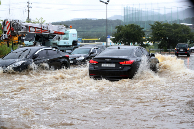 밤새 많은 비가 내리면서 28일 오전 대전 도심 곳곳이 침수가 됐다. 출근길 차량들이 유성구 한 침수된 도로를 달리고 있다./연합뉴스