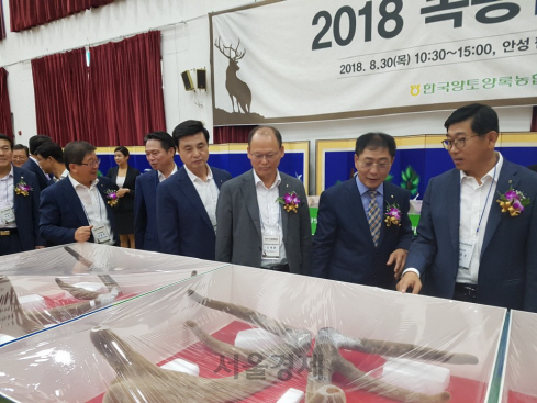 김태환 농협축산경제대표이사(오른쪽 4번째) 등 농협 관계자들이 출품된 녹용을 살펴보고 있다./사진제공=농협중앙회