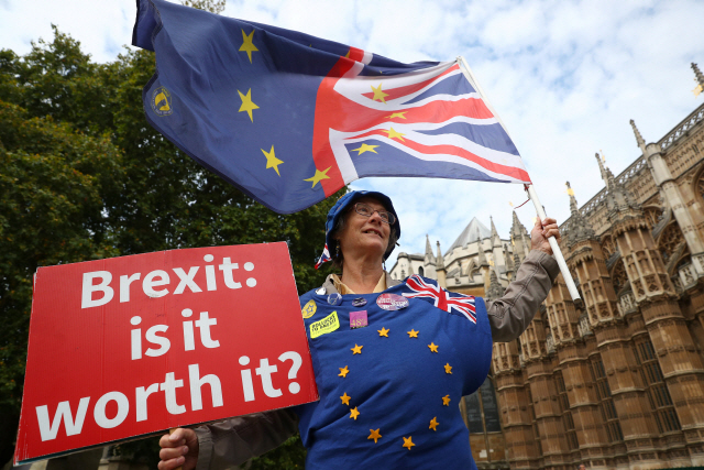 5일(현지시간) 영국 런던 국회의사당 앞에서 브렉시트(Brexit, 영국의 EU 탈퇴)에 반대하는 한 시민이 “브렉시트가 가치가 있냐”는 피켓을 들고 시위를 벌이고 있다./런던=로이터연합뉴스