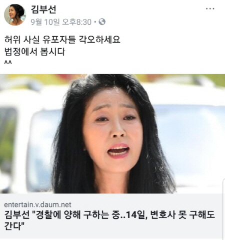 배우 김부선, 악플러에 일침 '허위사실 유포자들, 법정에서 봅시다'