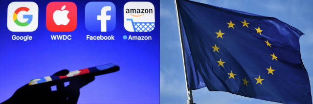 유럽연합(EU) 깃발(오른쪽)과 미국 최대 정보기술(IT) 기업인 구글·애플·페이스북·아마존 애플리케이션./AFP연합뉴스