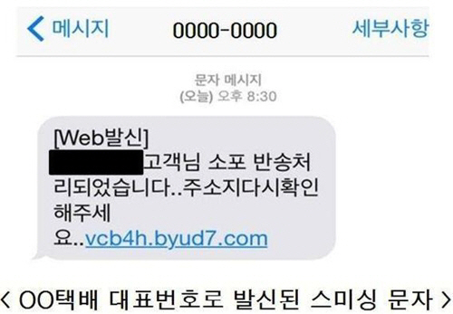 추석 연휴를 앞두고 택배 안내나 선물 교환권을 가장한 스미싱(Smishing) 문자메시지가 기승을 부릴 것으로 보인다./사진=인천지방경찰청 제공=연합뉴스