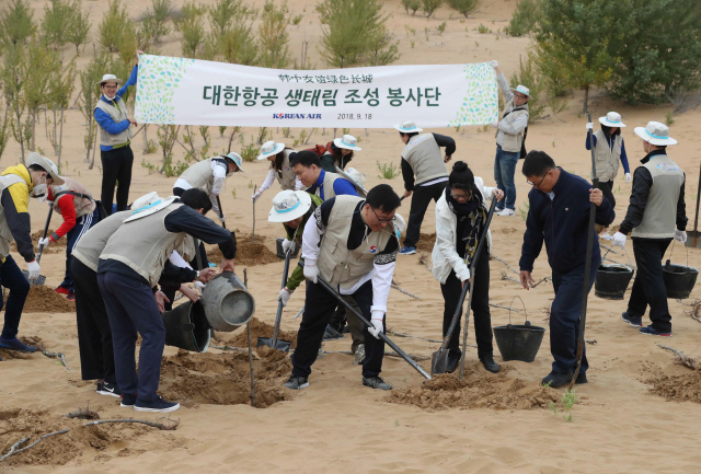 대한항공 직원들이 18일(현지시간) 중국 네이멍구 쿠부치에서 나무 심기 봉사활동을 하고 있다. 대한항공은 황사 발원지로 알려진 쿠부치사막에서 지난 2007년부터 12년째 희망의 나무 심기 봉사활동을 이어오고 있다. /쿠부치=이호재기자