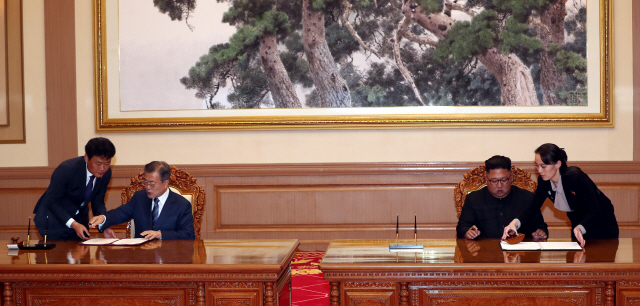 문재인 대통령과 김정은 국무위원장이 19일 백화원 영빈관에서 평양공동선언서에 서명하고 있다.