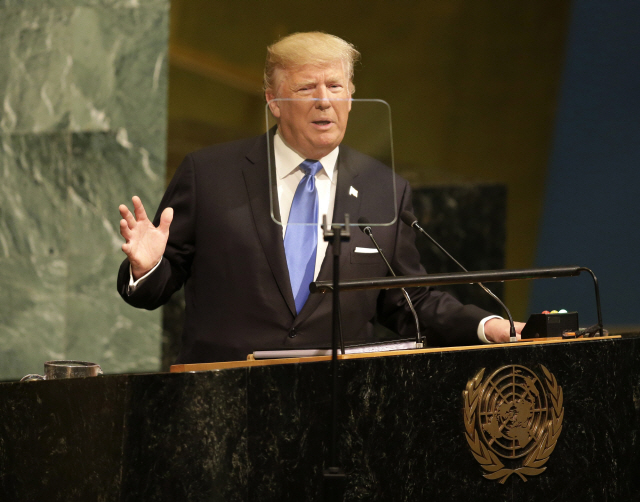 도널드 트럼프 미국 대통령이 뉴욕의 유엔 본부에서 연설하고 있다.