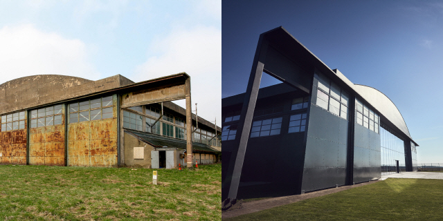 다이슨이 2차 세계 대전 당시 영국 공군기지였던 휼라빙턴 캠퍼스를 리모델링하기 전(위 사진)과 후(아래 사진) 모습. 다이슨은 이곳에서 2021년 전기차 출시를 목표로 하고 있다. /사진제공=다이슨