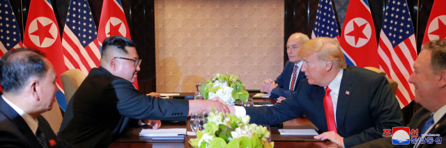 도널드 트럼프 미국 대통령과 김정은 북한 국무위원장이 지난 6월 12일 싱가포르에서 열린 북미정상회담에서 공동합의문에 서명을 마친 후 악수하고 있다./조선중앙통신·연합뉴스