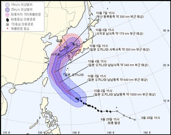 2일 기상청에 따르면 지난달 29일 괌 주변에서 발생한 ‘콩레이’는 이날 오후 3시 현재 일본 오키나와 남남동쪽 1,000㎞ 부근 해상에서 시속 14㎞로 북서 방향으로 이동 중이다./그래픽 제공=기상청