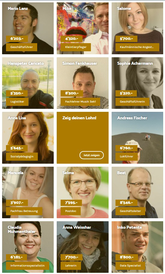 스위스 젊은 층 사이에서 유행인 임금 공개 홈페이지 ‘Zeig deinen Lohn(당신의 임금을 공개해주세요·Show your Salary)’. 이용자들은 이름·직업·연봉 등을 적은 자신의 사진을 자율적으로 홈페이지에 등록해 다른 사람들과 직종별 임금 정보를 공유한다. /Zeig deinen Lohn 홈페이지 캡처