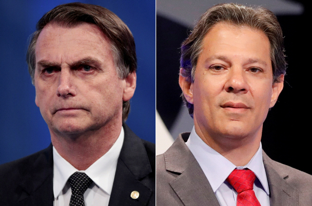 브라질 대선 1차 투표에서 1∼2위가 확실시되는 자이르 보우소나루(왼쪽)와 페르난두 아다지 후보. /로이터연합뉴스