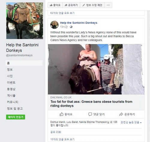 앞으로 100kg이 넘는 사람은 그리스 산토리니 섬의 관광 명물 중 하나인 당나귀를 탈 수 없게 된다./사진=Help the Santorini Donkeys 페이스북 캡처