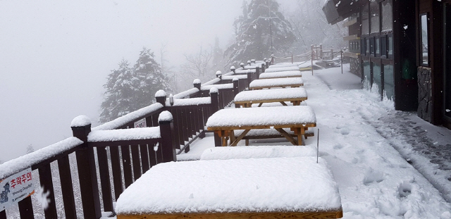 올가을 설악산에 첫눈이 내린 18일 소청대피소 야외 탁자에 하얀 눈이 소복이 쌓여 있다. /연합뉴스
