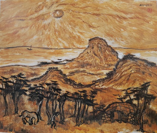 변시지 1984년작 ‘하산(下山)’. 제주 SK핀크스 골프장에서는 이 작품의 연작인 ‘하산Ⅱ’를 볼 수 있다.