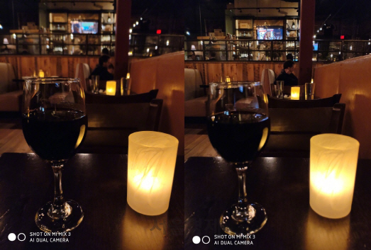 오는 25일 샤오미 미믹스3로 찍은 야경 모드 촬영 사진. AI 듀얼 카메라가 어두운 조명에서도 대상에 맞춰 원활한 촬영을 돕니다. 앞에 위치한 와인잔에 초점이 맞춰 찍은 사진(왼쪽)과 뒷쪽 인물에 맞춘  사진(오른쪽) /출처=린빈 샤오미 공동창업자 웨이보